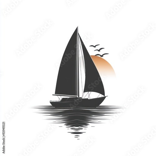 Silhouette of sailboat at sunset reflecting on calm water.