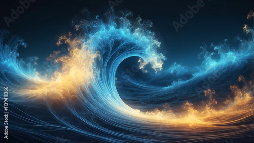 An abstract wave of vibrant blue and orange light Colorful smoke waves and a blue sky background with space