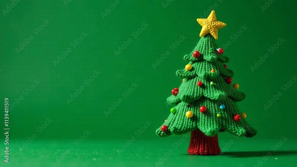 Christmas tree made from green knitted thread with a yellow star on top, with a baubles, on a green background Christmas tree made from green knitted thread with a yellow star on top, with a baubles, on a green background