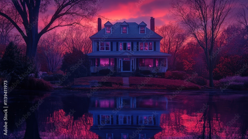 Obraz premium House Reflecting In Still Water At Sunset