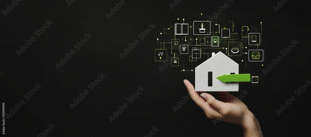 Hand holding smart home with green energy flow. Hand holding smart home with green energy flow.