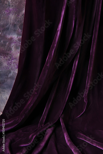 A purple velvet curtain is draped over a wall. The curtain is long and flowing, and it is hanging from a wall