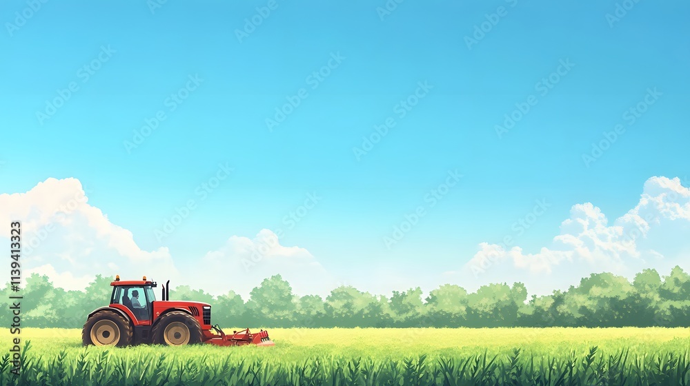 Fototapeta premium Red Tractor Working a Summer Field Under a Blue Sky