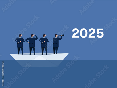 leader navigate in ship with employee business person looking for future new year company leadership looking at 2025 telescope