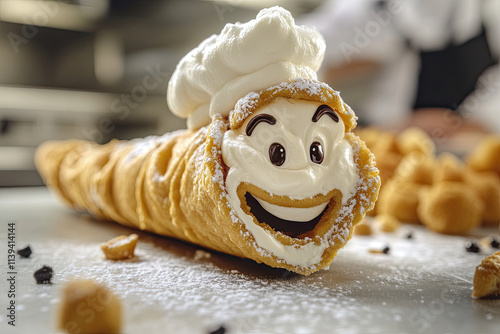 A smiling cannoli wearing a chef’s hat, holding a piping bag of cream photo