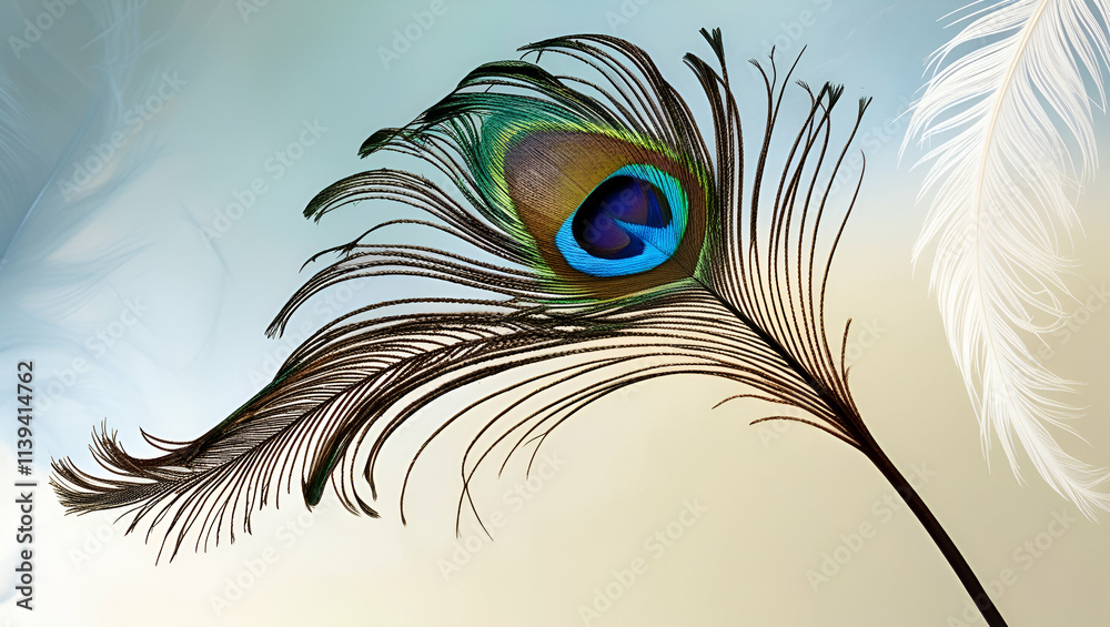 Obraz premium a single peacock feather in a stunning close-up, with sharp clarity on its shimmering 'eye spot,' intricate lines, and the soft gradient of iridescent colors.