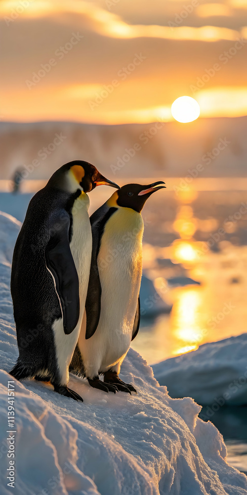 Obraz premium Two Penguins Gazing Into the Horizon at Sunset