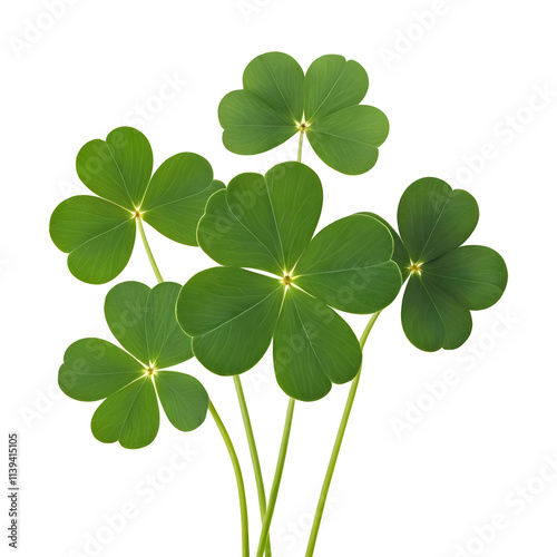 Collection set of green lucky clover and shamrock isolated on transparent background, Saint Patrick day celebration symbol, png file