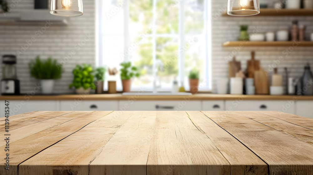 A kitchen's wooden table contrasts with the Scandinavian-style interior in the blurred background. A kitchen's wooden table contrasts with the Scandinavian-style interior in the blurred background.