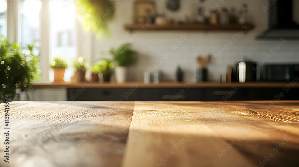 A kitchen's wooden table contrasts with the Scandinavian-style interior in the blurred background. A kitchen's wooden table contrasts with the Scandinavian-style interior in the blurred background.