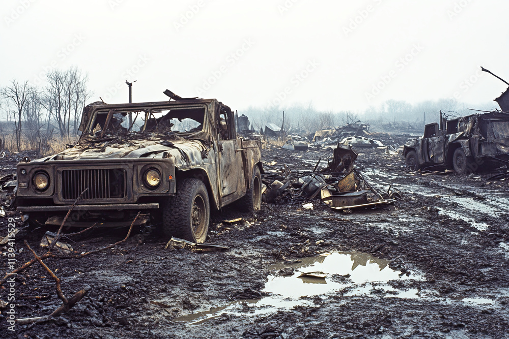 Destroyed vehicles and debris on a battleground, capturing the aftermath of combat
