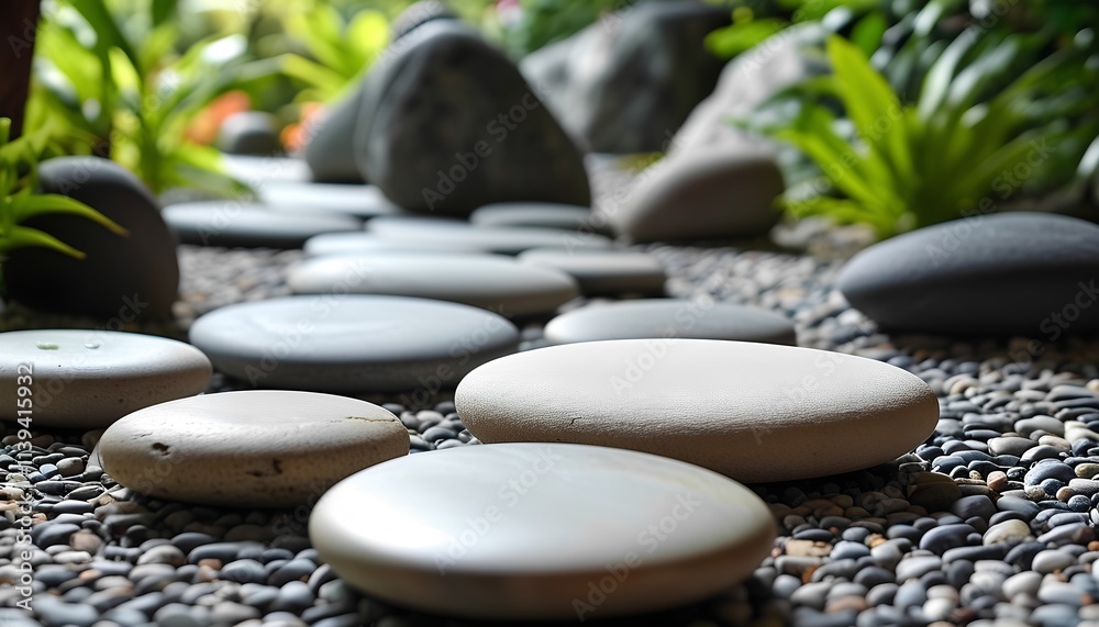 Tranquil garden pathway with smooth stones lush greenery nature scene outdoor environment close-up view serenity and balance concept Tranquil garden pathway with smooth stones lush greenery nature scene outdoor environment close-up view serenity and balance concept