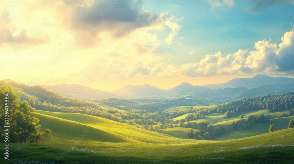 Obraz premium Rolling Green Hills and a Cloudy Sky at Sunset