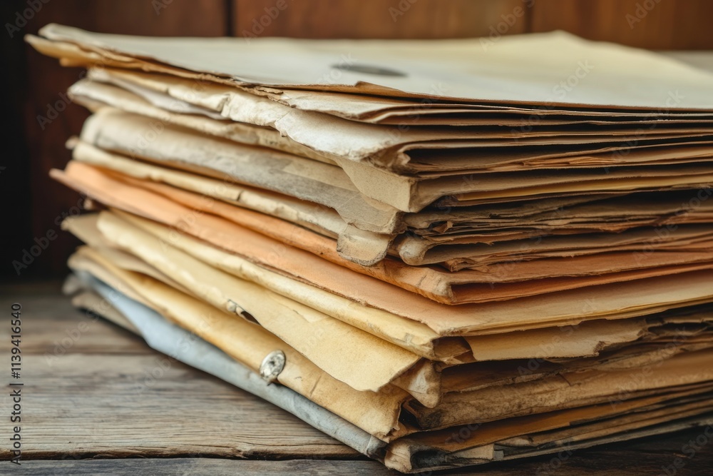 Stack of aged and weathered documents on a wooden table Stack of aged and weathered documents on a wooden table