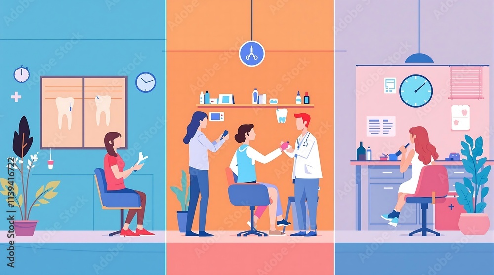 Fototapeta premium Triptych illustration showing three medical scenarios: dental clinic, medical consultation, and laboratory setting