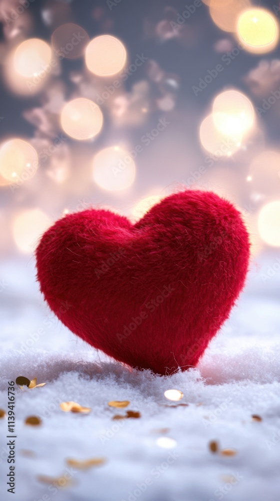 Fototapeta premium A plush red heart placed on a snowy white surface with golden confetti scattered around, with a blurred backdrop of fairy lights and pink tones, great for Valentine's stock images