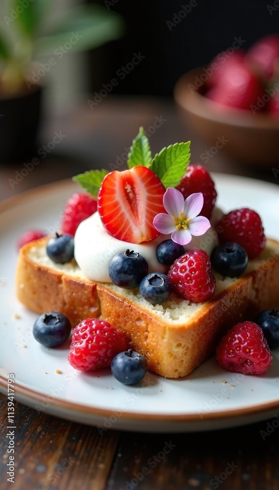 Toast with fresh berries and cream on a plate, edible flowers, cream Toast with fresh berries and cream on a plate, edible flowers, cream