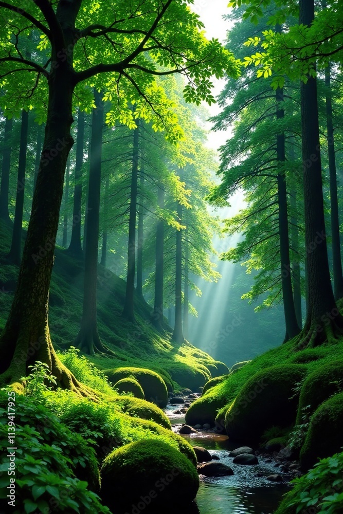 Obraz premium Tall boxwood trees rise above the forest floor, Kodori gorge, tree tops