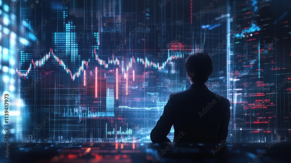 Analyst Observing Market Trends on a Futuristic Screen Analyst Observing Market Trends on a Futuristic Screen