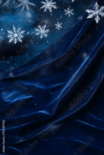 A blue fabric with snowflakes on it. The snowflakes are scattered all over the fabric, creating a wintery and cozy atmosphere