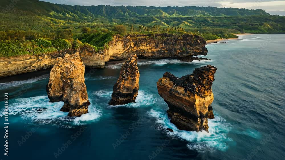 Aerial view captures the enchanting scene of sea waves crashing dramatically against rugged rocks along the coastline