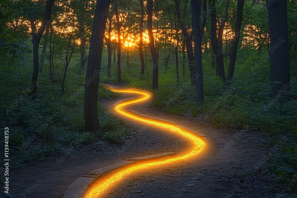 Fototapeta premium A glowing golden path through a forest at sunset
