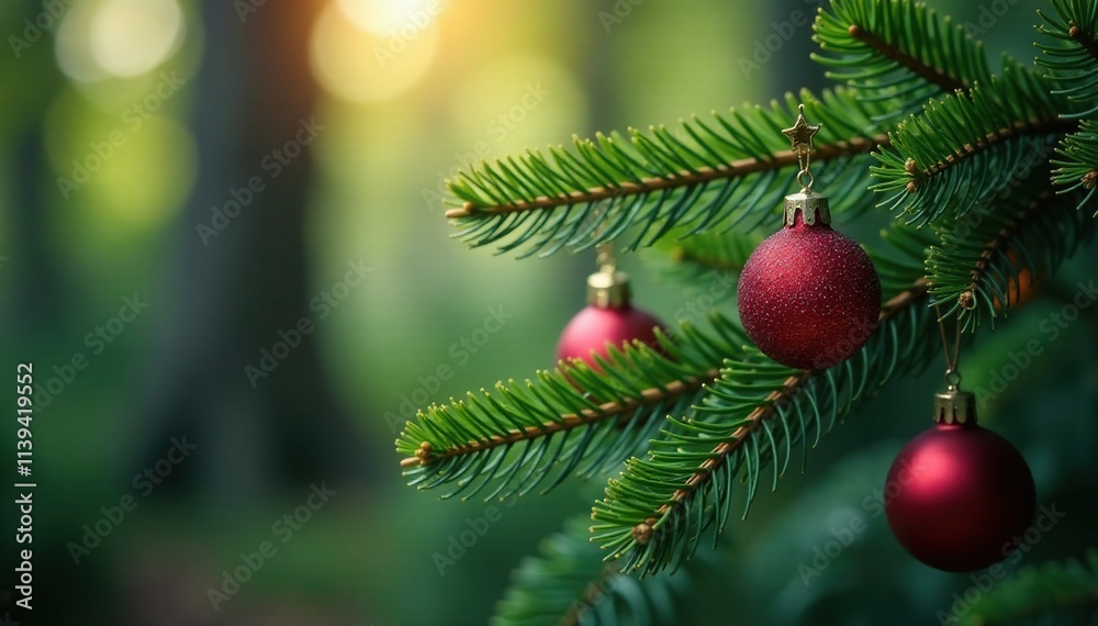 Pine branch with spherical decorations amidst needle-like foliage, ornaments, forest, twigs Pine branch with spherical decorations amidst needle-like foliage, ornaments, forest, twigs