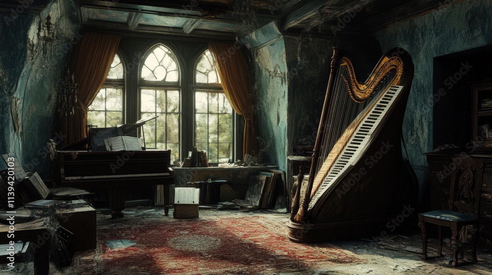 Fototapeta premium Abandoned Room Featuring Harp and Piano