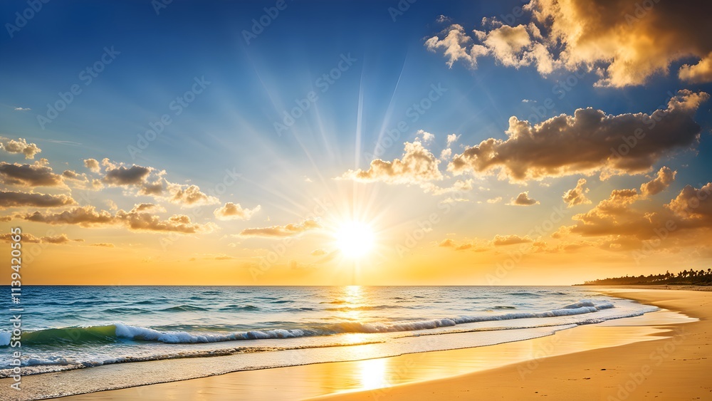 Fototapeta premium a hot summer beach scene, featuring a blazing sun shining brightly.