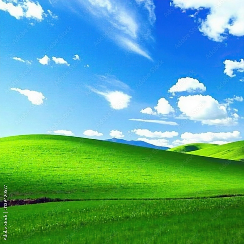 Obraz premium Limpido cielo azul con nubes blancas y un campo de trigo verde, naturaleza, paisaje