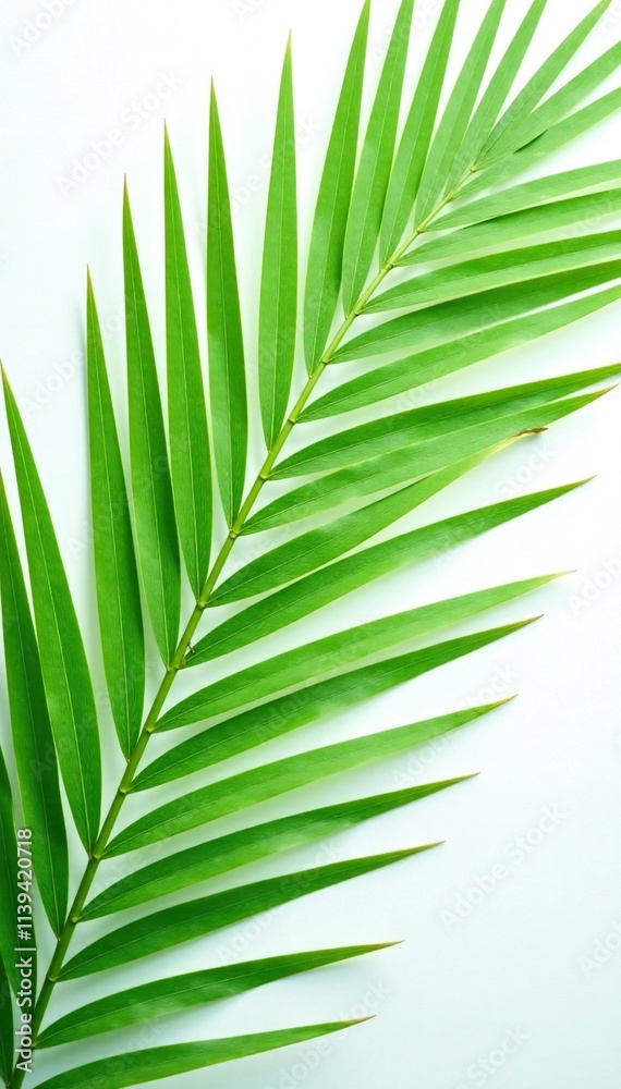 Isolated green palm fronds with subtle reflections on a white surface, leafy, botanical, green Isolated green palm fronds with subtle reflections on a white surface, leafy, botanical, green