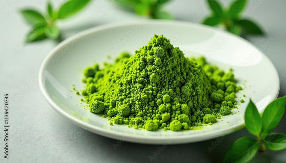 Isolated dry matcha powder on a white plate with whole leaves, isolate, green tea Isolated dry matcha powder on a white plate with whole leaves, isolate, green tea