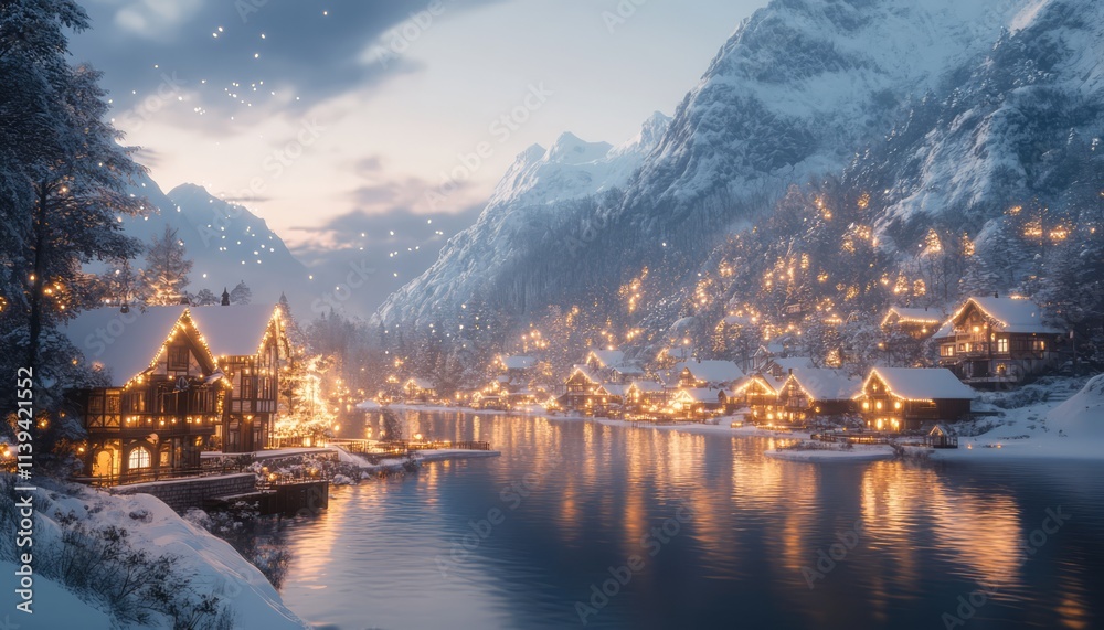 A beautiful snow-covered village nestled in the mountains with lights twinkling from every house A beautiful snow-covered village nestled in the mountains with lights twinkling from every house
