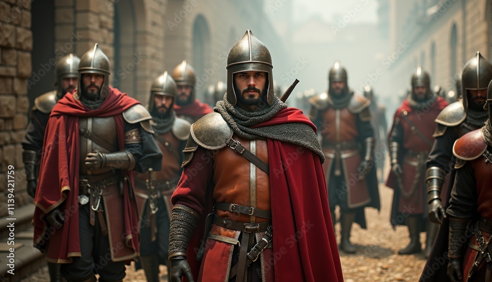 Groups of armored soldiers wearing distinctive cloaks march bravely down a cobblestone street surrounded by ancient stone buildings. atmosphere is tense and mysterious with fog Groups of armored soldiers wearing distinctive cloaks march bravely down a cobblestone street surrounded by ancient stone buildings. atmosphere is tense and mysterious with fog