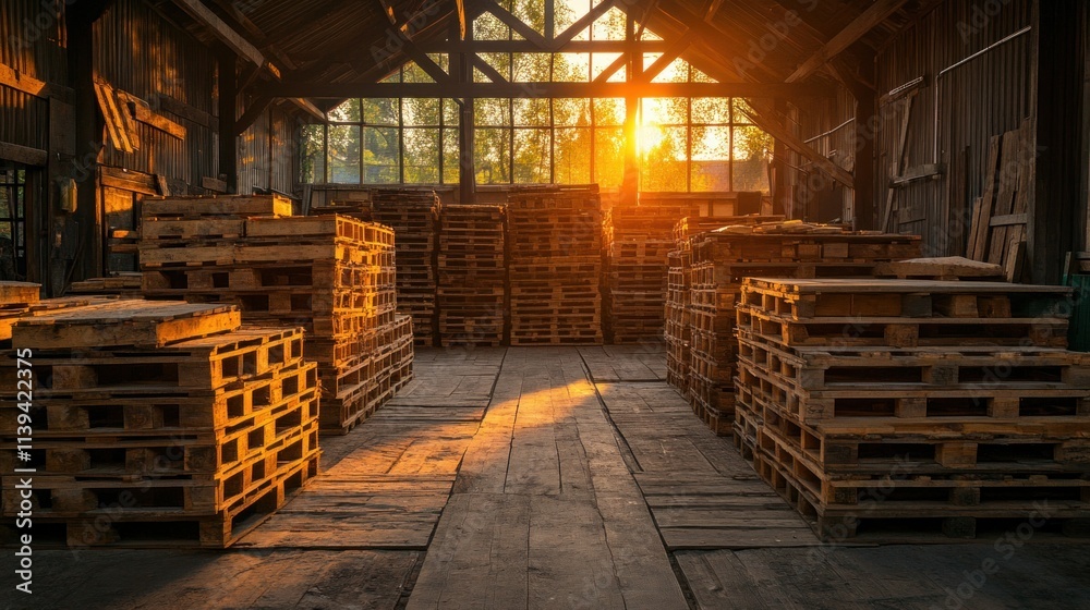 Sunlight streams through large windows, casting warm light on stacks of wooden pallets situated in a spacious industrial storage area