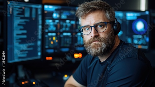 data analyst with a beard and glasses works attentively in a modern office surrounded by computer screens filled with intricate data visuals and analytics