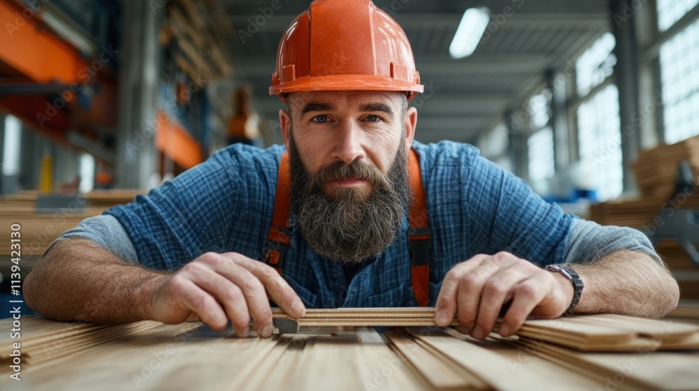 carpenter, sporting a robust beard and hard hat, focuses intently on measuring wooden planks in his well-lit workshop, preparing for a detailed woodwork project carpenter, sporting a robust beard and hard hat, focuses intently on measuring wooden planks in his well-lit workshop, preparing for a detailed woodwork project