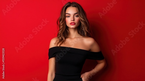 woman with long, wavy hair wears an off-shoulder black dress, standing confidently against a bright red background. Her makeup is polished, emphasizing her features