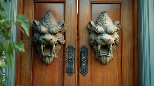 Intricate Beast Head Door Knockers Adorn Wooden Door photo