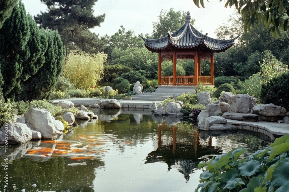 Fototapeta premium Traditional chinese garden serenity tranquil landscape nature scene cultural heritage reflective pond lush environment peaceful viewpoint celebrating tradition in harmony