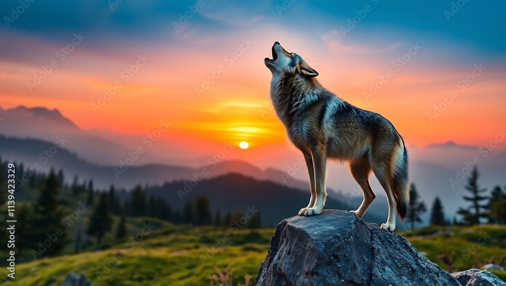 Lone wolf howling at sunset, misty mountains. Lone wolf howling at sunset, misty mountains.