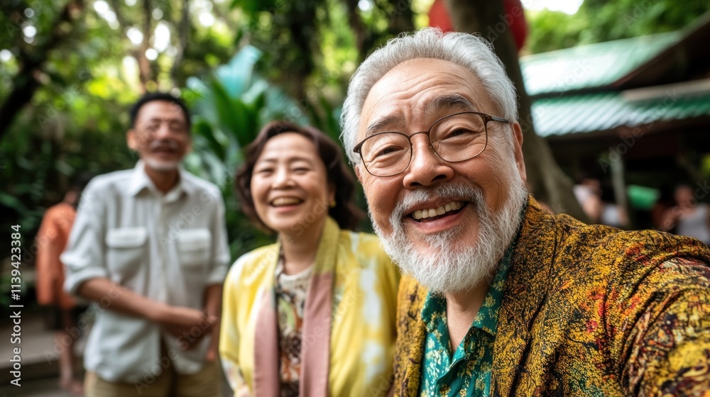 elderly couple beams with joy as they pose for a selfie in a vibrant garden filled with tropical plants. Friends share laughter and warmth, celebrating friendship in nature elderly couple beams with joy as they pose for a selfie in a vibrant garden filled with tropical plants. Friends share laughter and warmth, celebrating friendship in nature