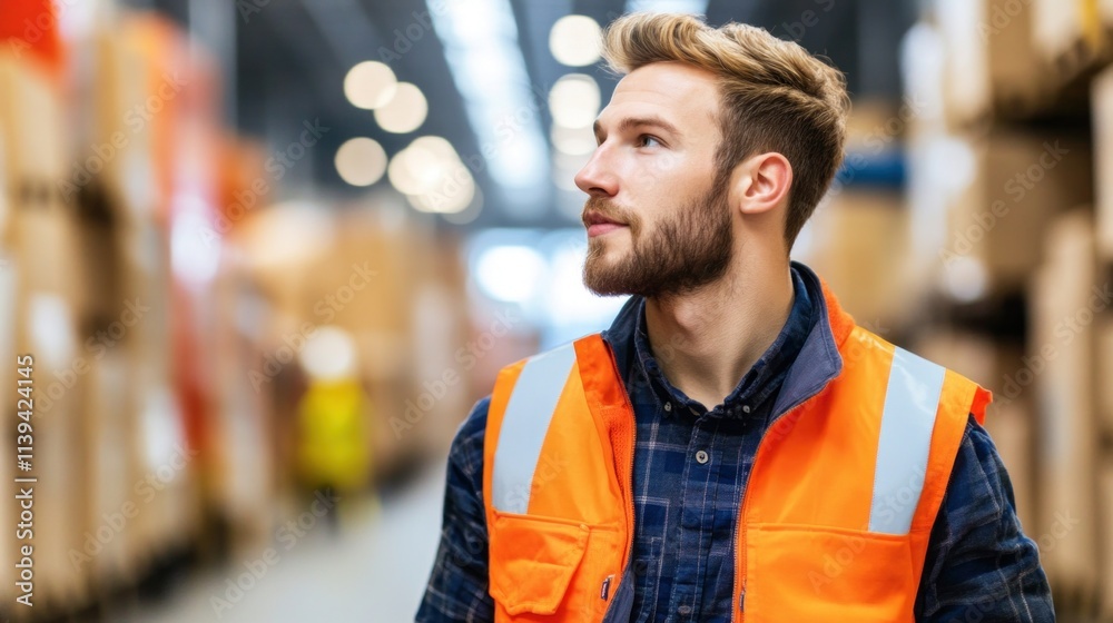 Fototapeta premium young worker in a safety vest is examining the organized inventory in a warehouse. bright lighting and shelves full of boxes indicate a busy operation during the day