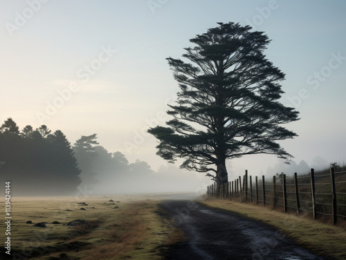 Photo of a foggy pine tree, next to a road with a fence, in a rural landscape, South Africa Goss. tall pine tree stands on the side of an empty road,morning in South Africa. A fence surrounds it. photo