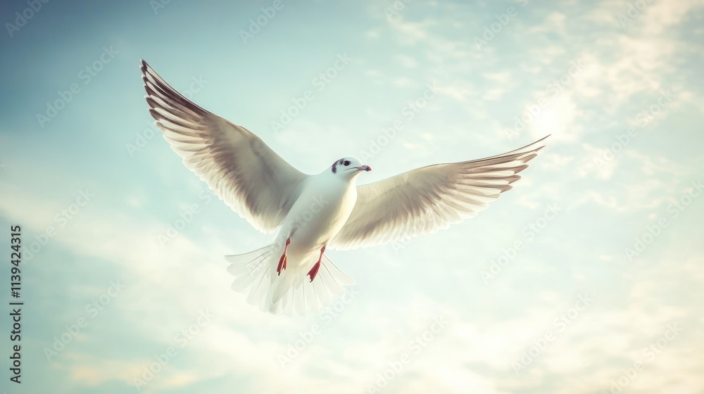 A White Seagull Soaring Through a Cloudy Sky