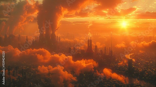 Dystopian cityscape sunset smogfilled sky city skyline stretching into distance bathed warm orange glow photo