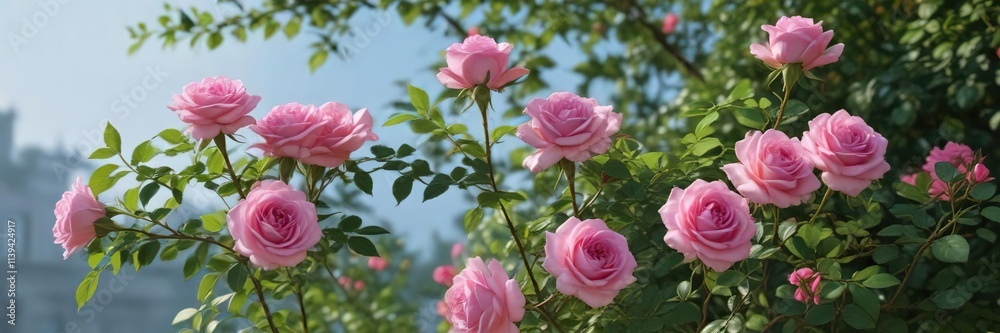 Fototapeta premium Beautifully crafted pink rose buds on a tall bush rose, swaying gently in the breeze, blooming roses, leafy greens