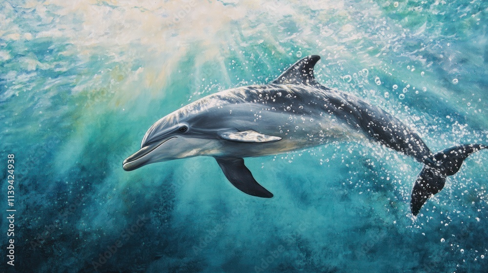 Naklejka premium A dolphin swimming gracefully through clear, blue water, illuminated by sunlight.
