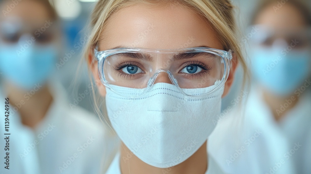 Multiple medical professionals are dressed in white lab coats, wearing protective masks and goggles. They focus on patient care, ensuring safety and hygiene in a clinical environment Multiple medical professionals are dressed in white lab coats, wearing protective masks and goggles. They focus on patient care, ensuring safety and hygiene in a clinical environment