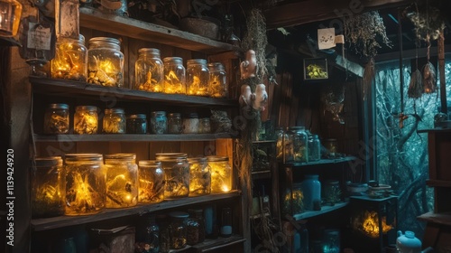 Wallpaper Mural Illuminated Jars Filled With Curiosities Line Old Wooden Shelves Torontodigital.ca